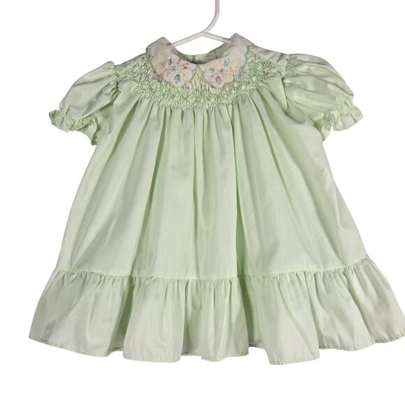 Polly Flinders Other - Polly Flinders Baby Dress 12M Green Hand Smocked Embroidered Vintage Ruffle Hem